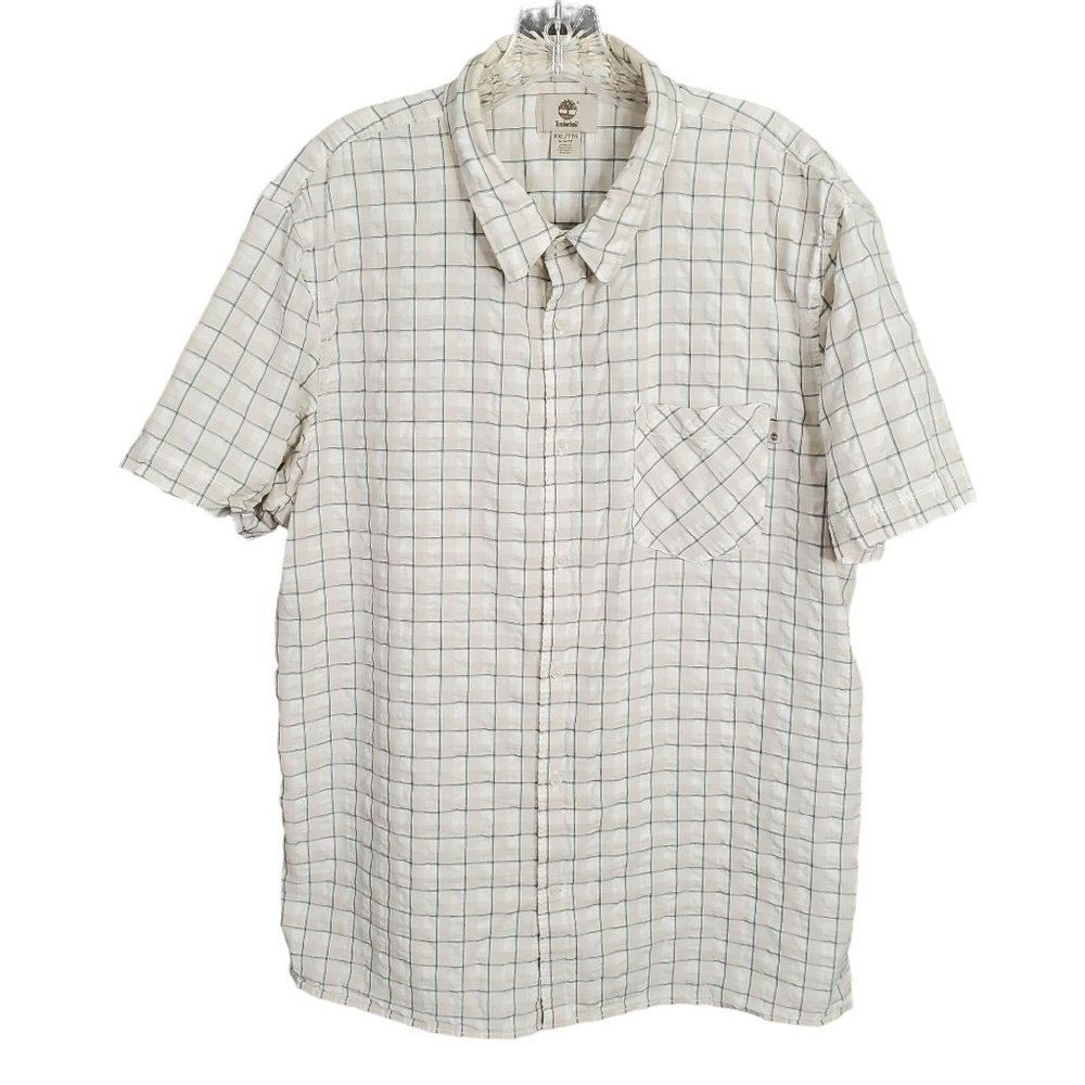 Timberland Mens Sz XXL Shirt Slim Fit Button Up Textured Camp 100% Cotton Plaid - Picture 2 of 7